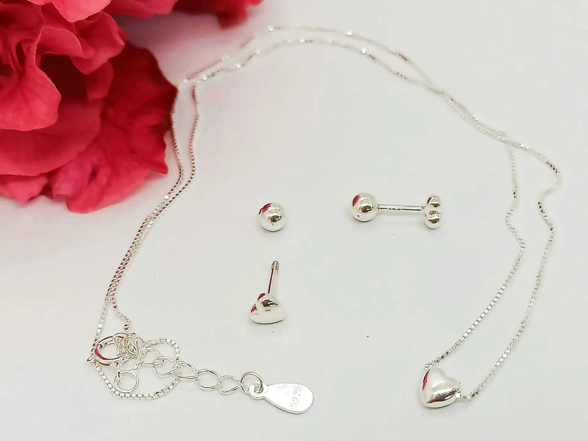 Set Conjunto Aros seguridad Cadena corazón chico plata 925 5