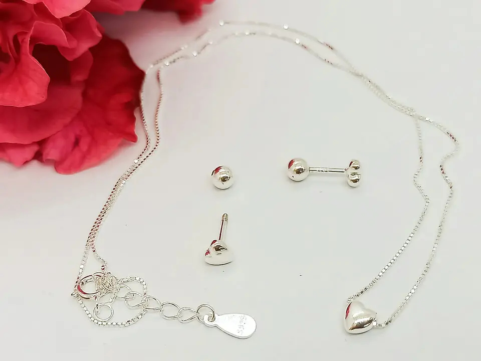 Set Conjunto Aros seguridad Cadena corazón chico plata 925 5