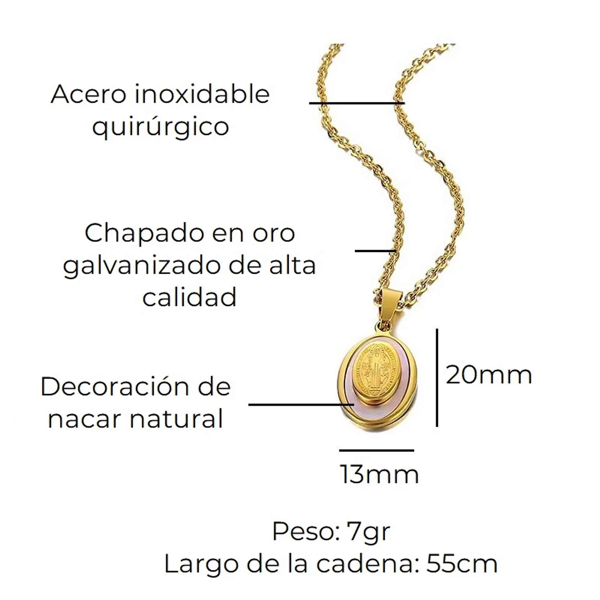 Colgante Collar Medalla San Benito Nacar Chapado Oro 10