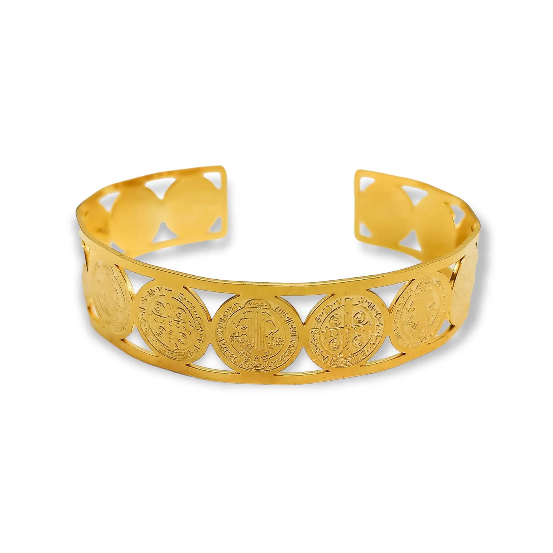 Pulsera Ajustable Medalla San Benito Chapado En Oro Religion 1