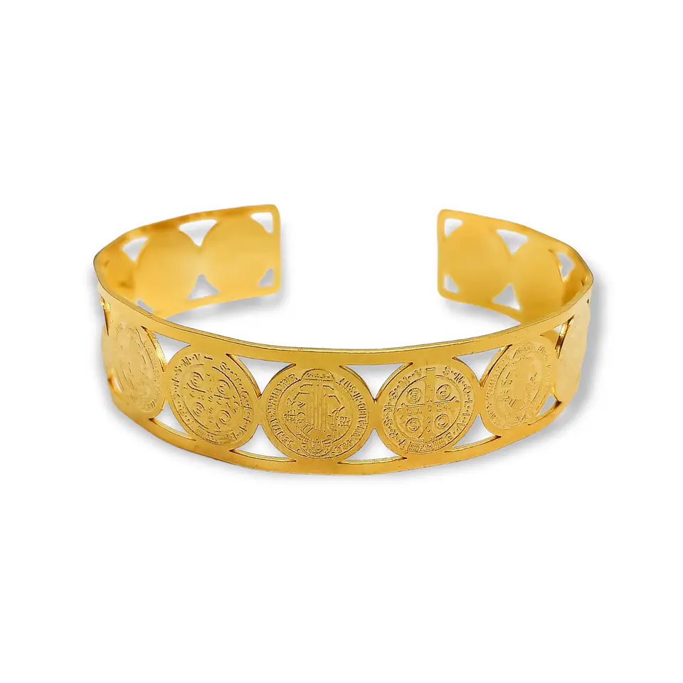 Pulsera Ajustable Medalla San Benito Chapado En Oro Religion 1
