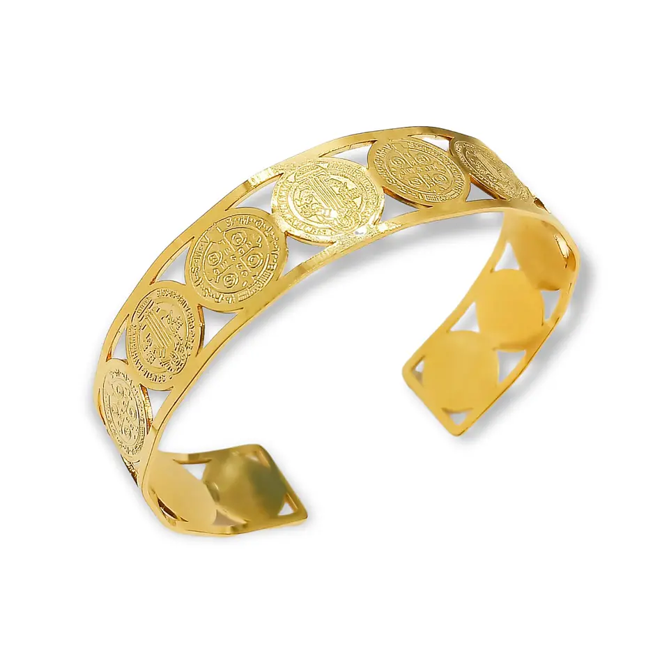Pulsera Ajustable Medalla San Benito Chapado En Oro Religion 5
