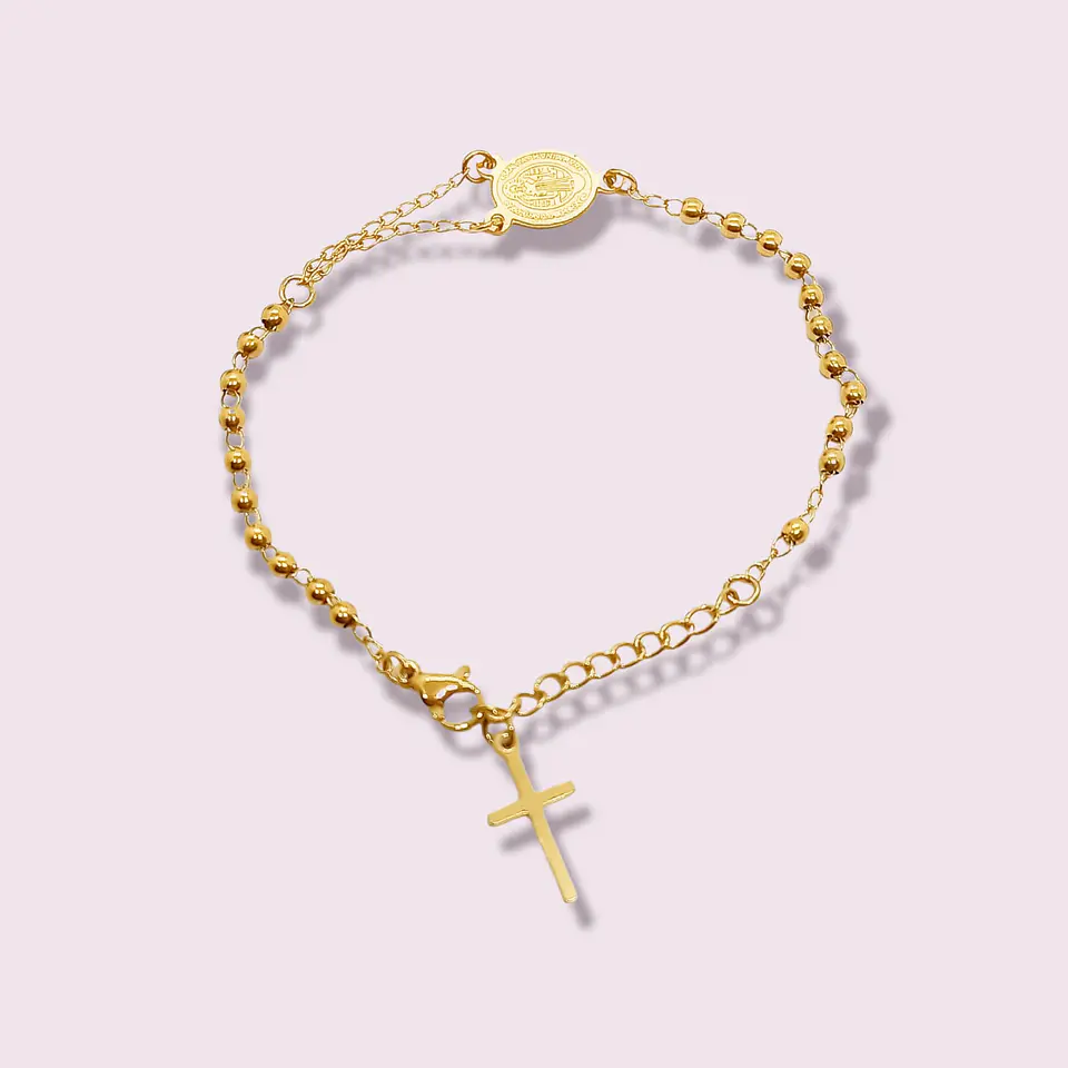 Pulsera Ajustable Rosario Camandula San Benito Chapado Oro 9