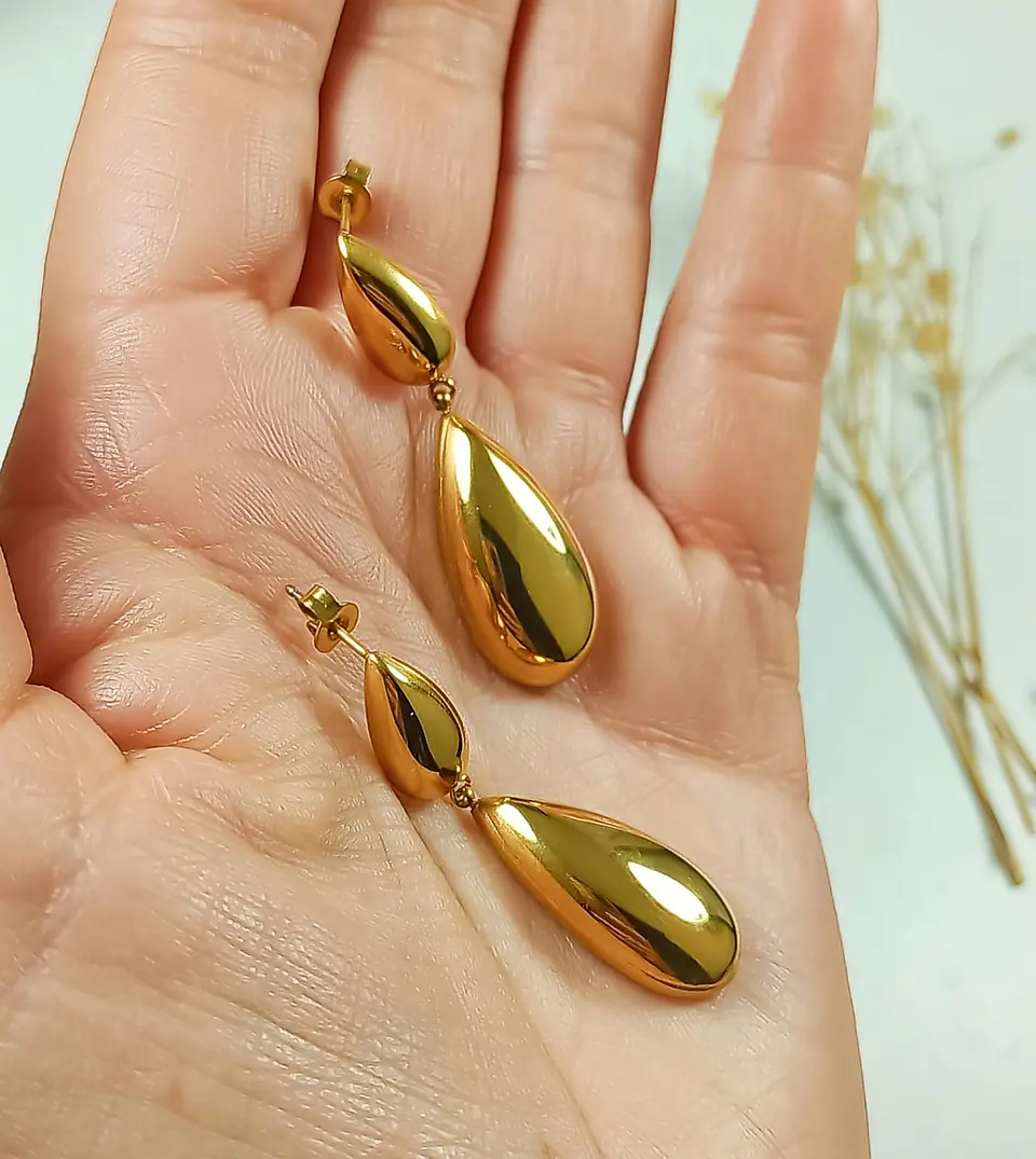 Pendientes tipo Drop gota Largos Espejo Elegantes Chapado En Oro Lujo 5