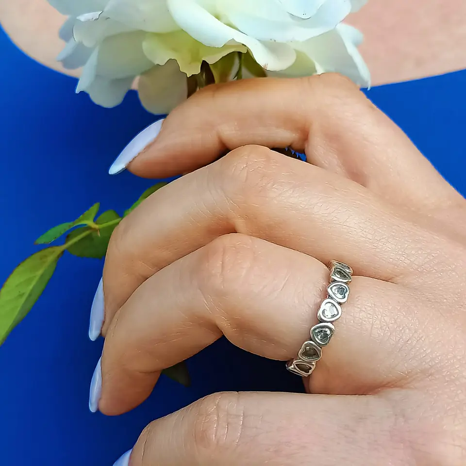Anillo Pila Plata 925 Corazones Zirconia Compromiso Apilable 3