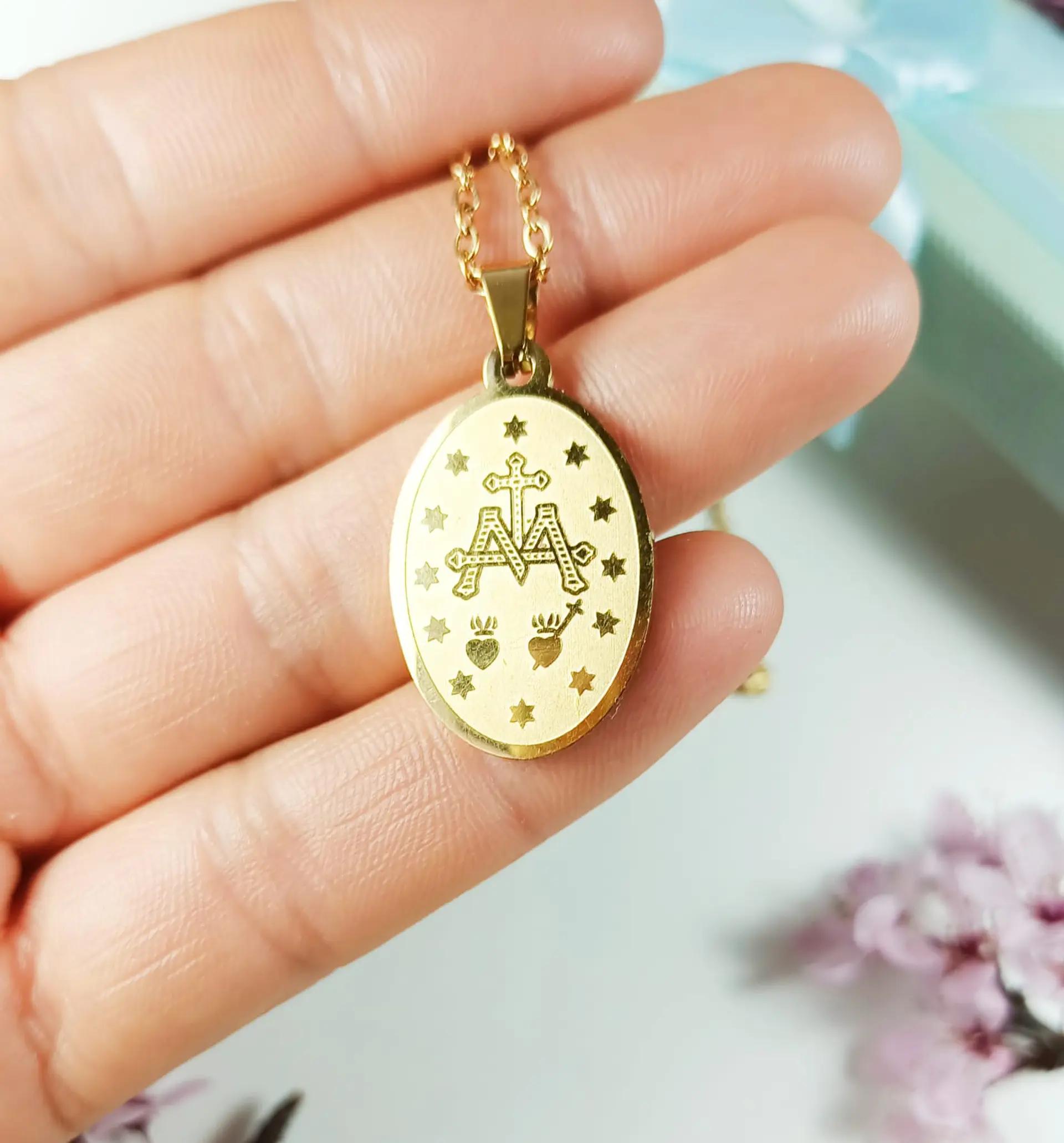 Colgante Medalla Virgen María Nácar Chapada En Oro 18k Amor 11