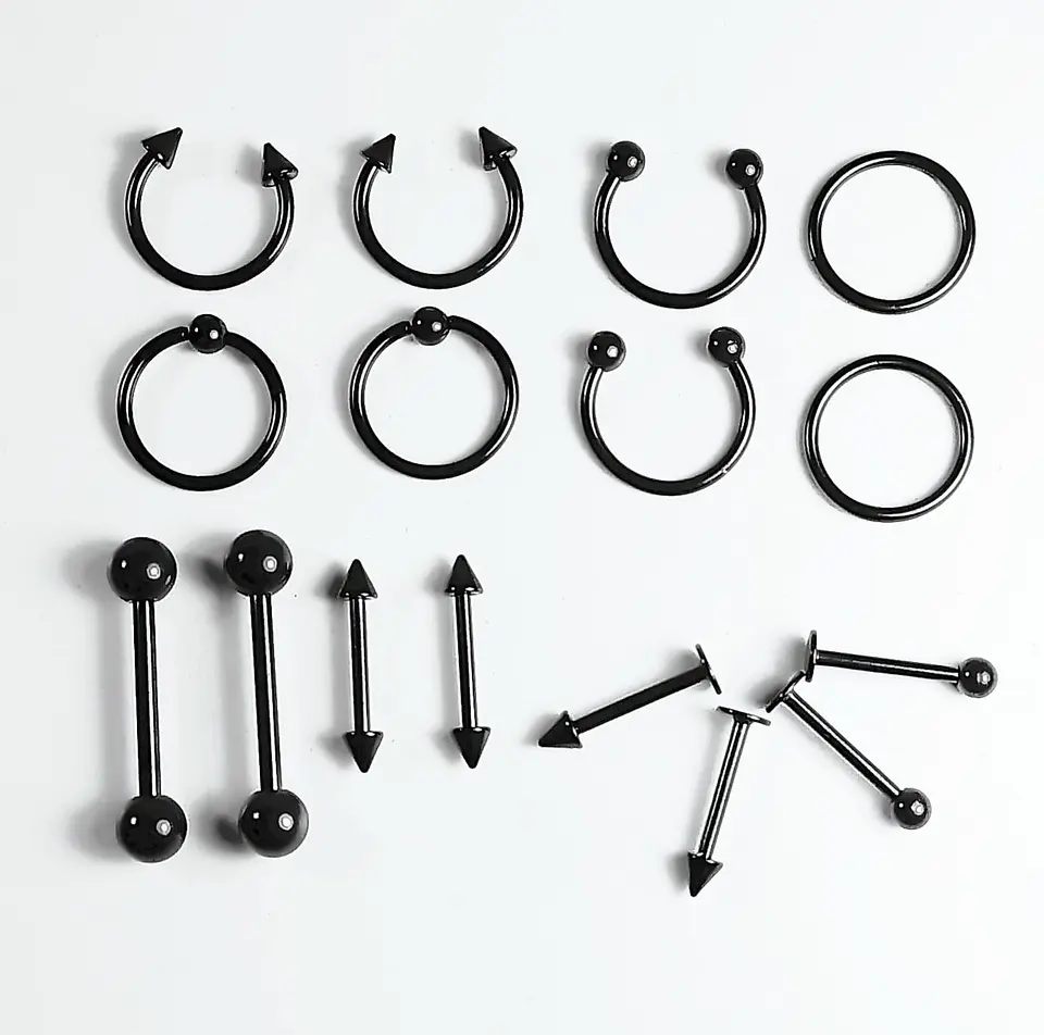 Pack 16 Piercing Negro Set Tragus Septum Industrial Nostril Helix 5
