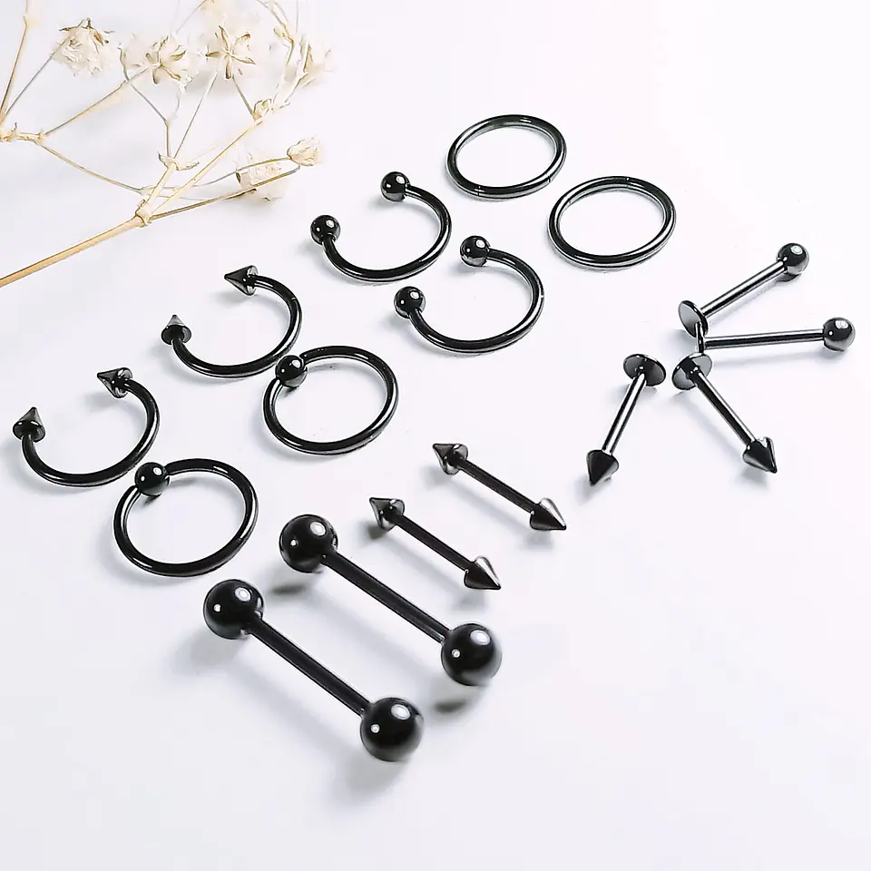 Pack 16 Piercing Negro Set Tragus Septum Industrial Nostril Helix 2