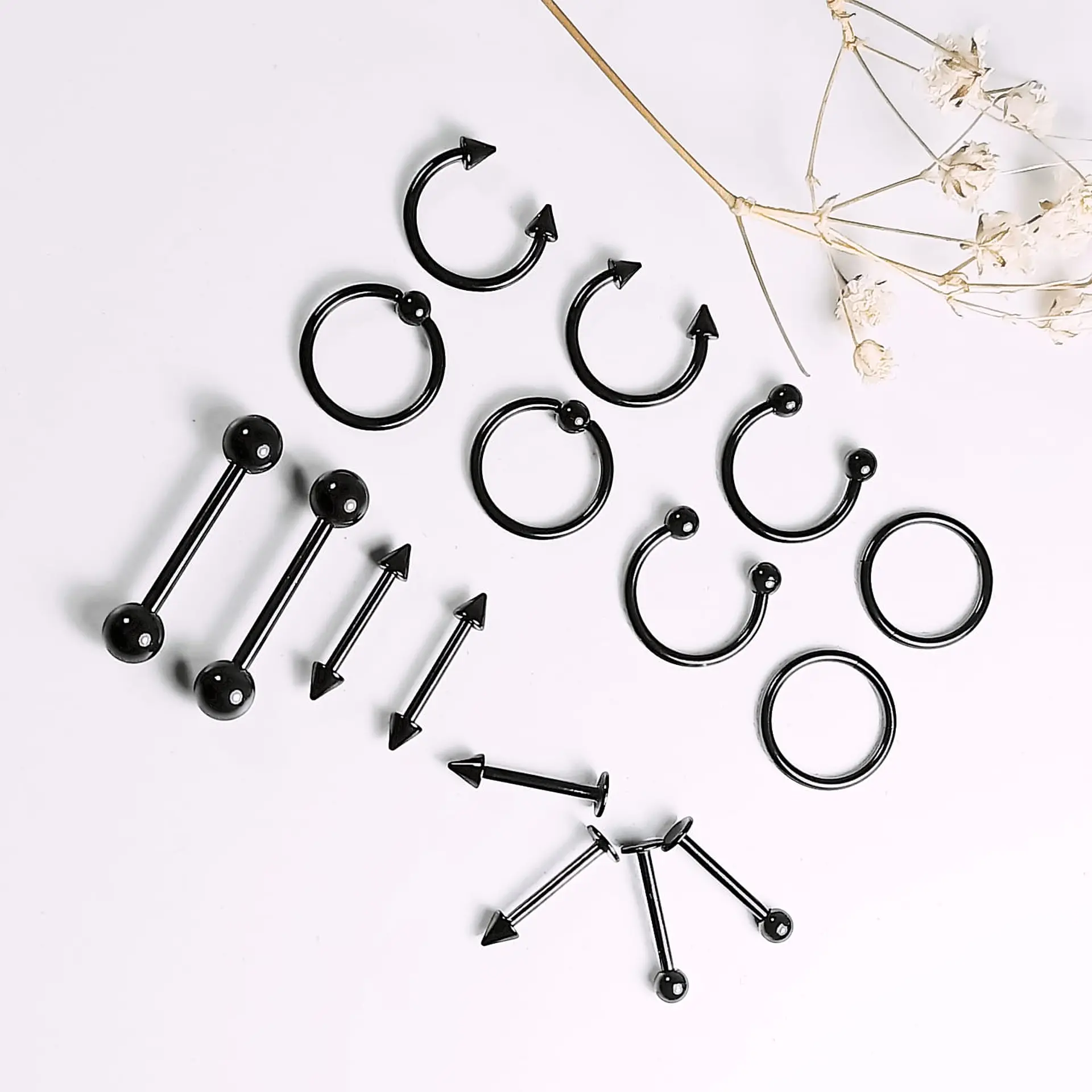 Pack 16 Piercing Negro Set Tragus Septum Industrial Nostril Helix 6