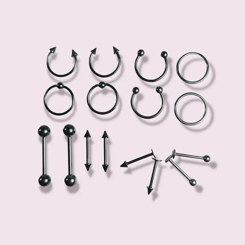 Pack 16 Piercing Negro Set Tragus Septum Industrial Nostril Helix 7