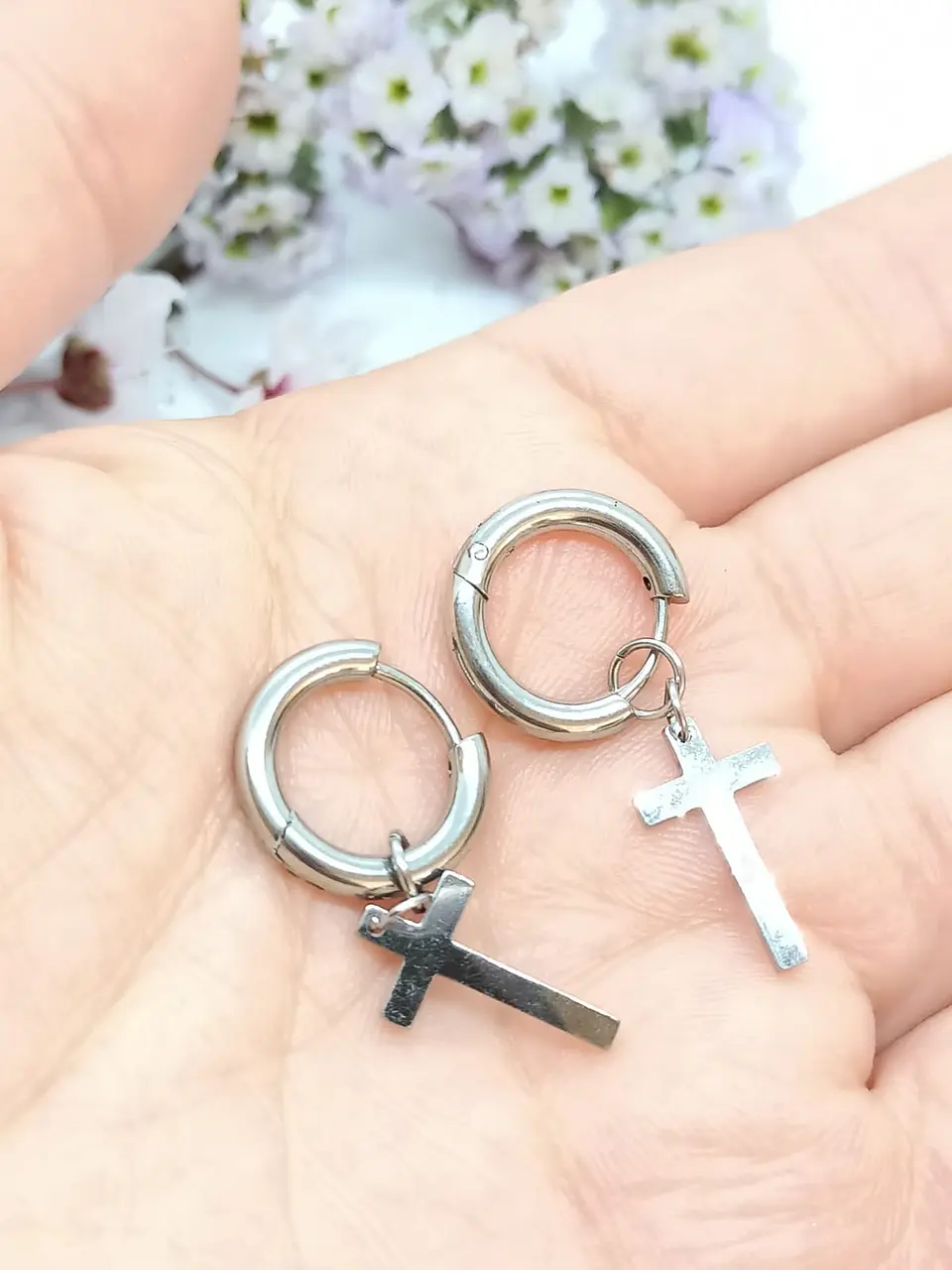 Aros Huggie Doble Uso Punk Cruz Acero Pendientes Unisex 4