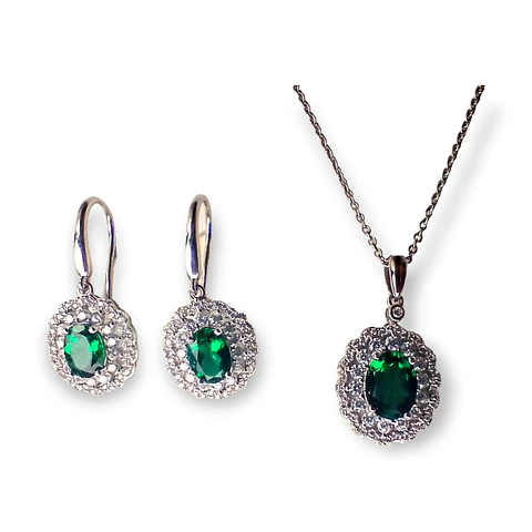 Set collar con dije y aros de Gema Esmeralda en Plata fina ley S925