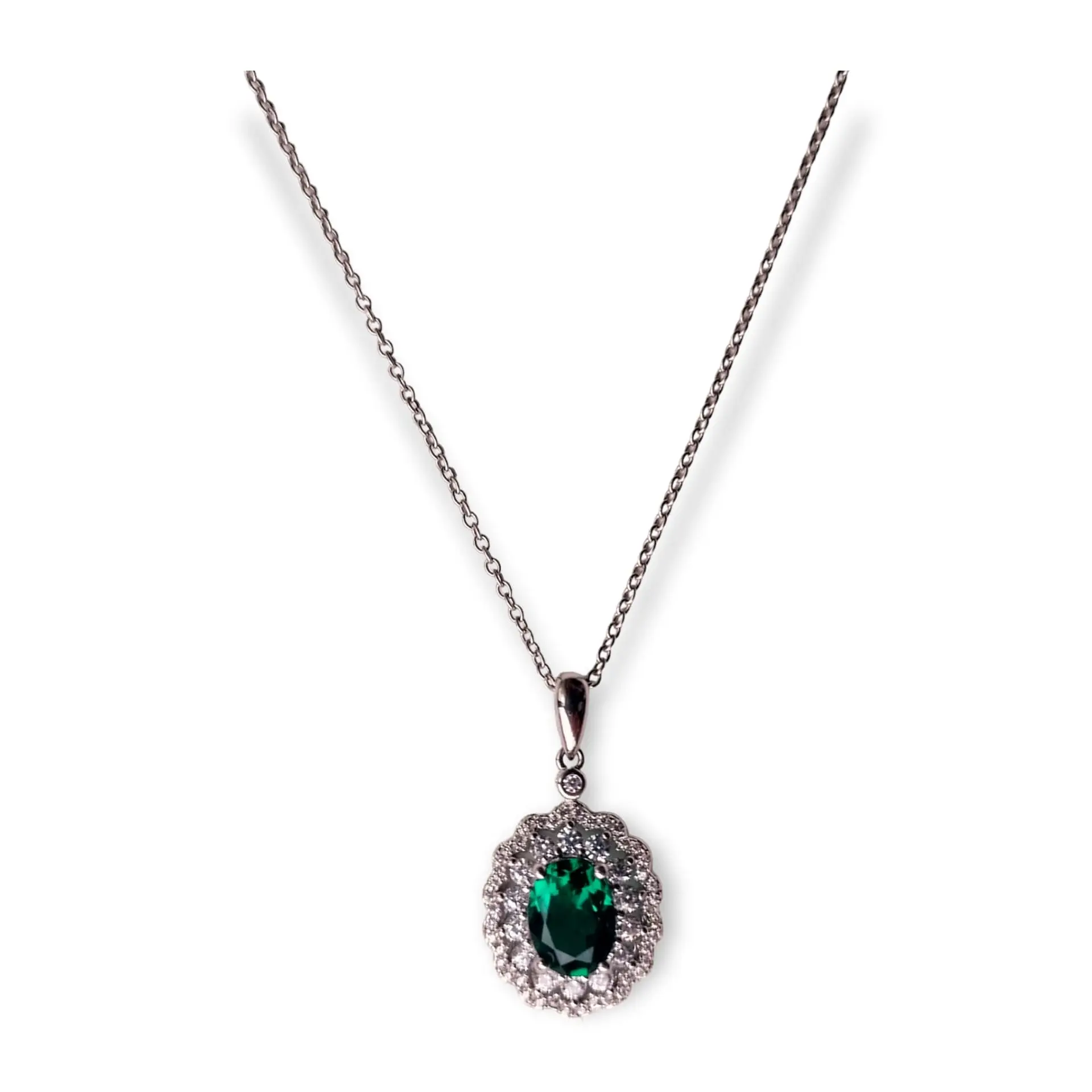 Collar con dije Colgante de Gema Esmeralda enmarcada en leucozafiros todo en plata fina ley S925 1
