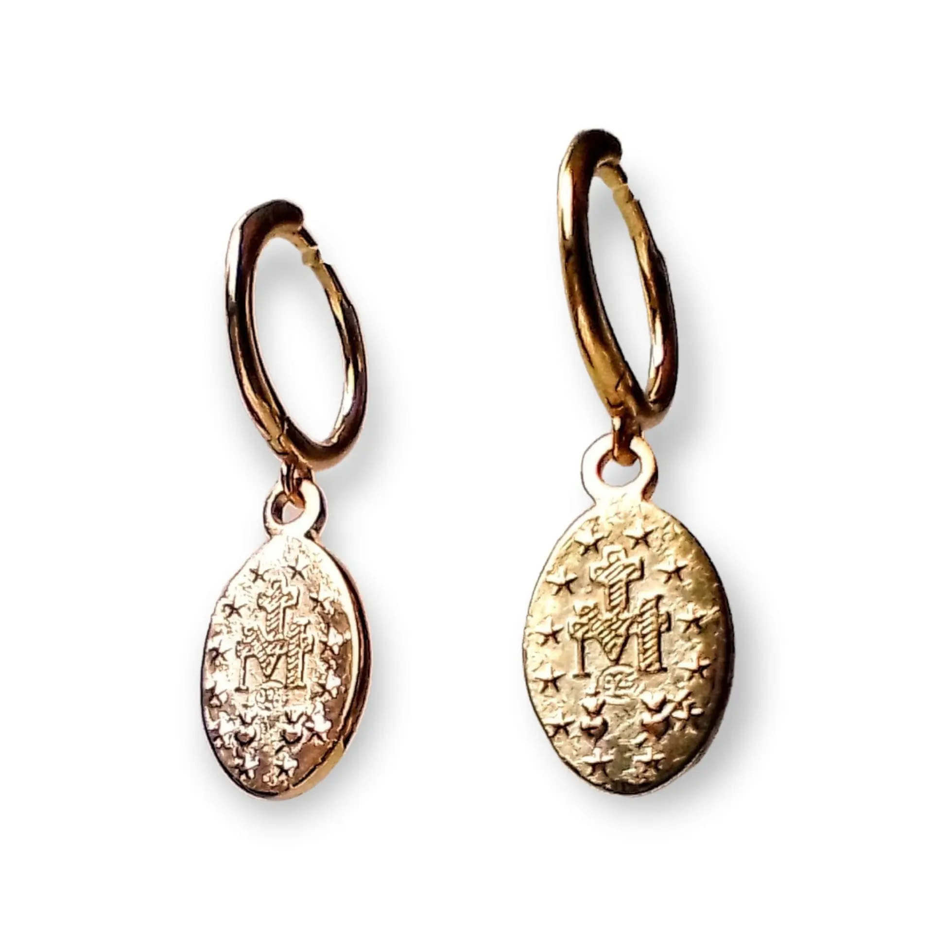 Argollas Huggies Virgen de La Milagrosa Plata fina 925 chapada en Oro 18k 2