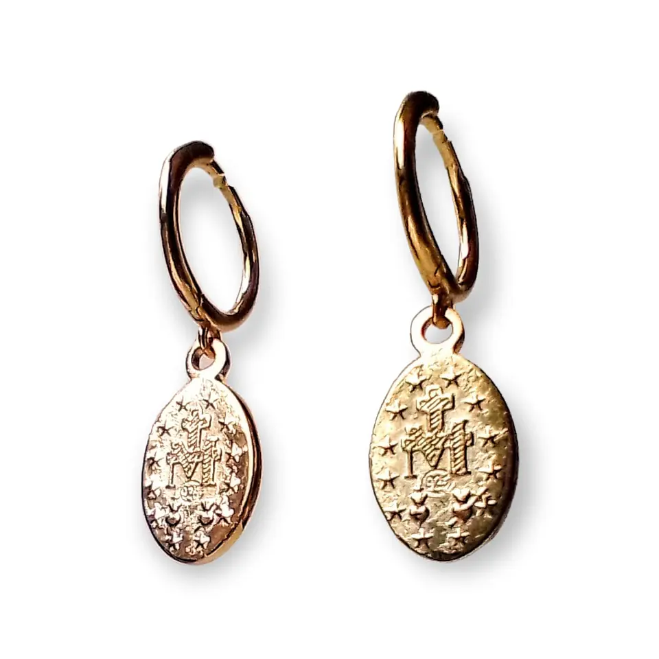 Argollas Huggies Virgen de La Milagrosa Plata fina 925 chapada en Oro 18k 2