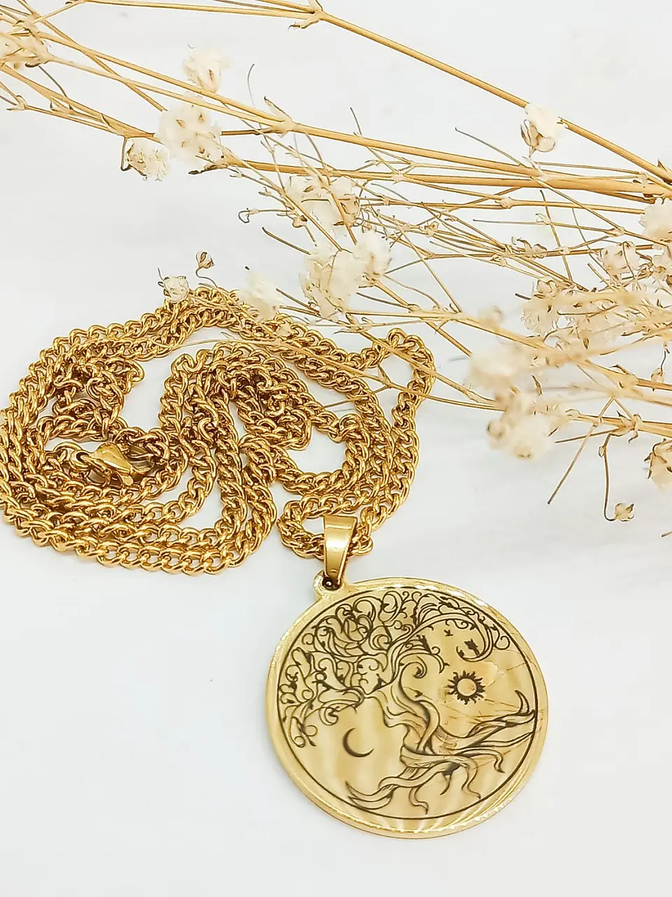 Colgante Amuleto Árbol De La Vida Sol Y Luna Chapado En Oro 18kl 4