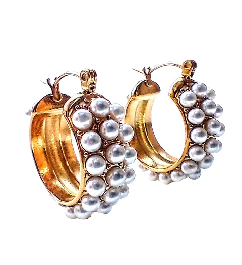 Argollas bote con perlas chapadas en oro 18k 