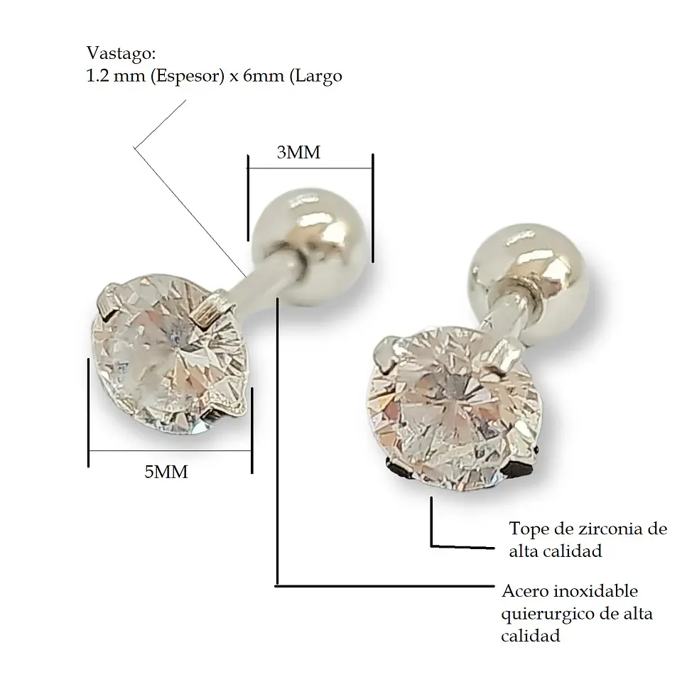 Aros puntos de luz Hipoalergénicos Distintas figuras Zirconia Blanco 5mm 6