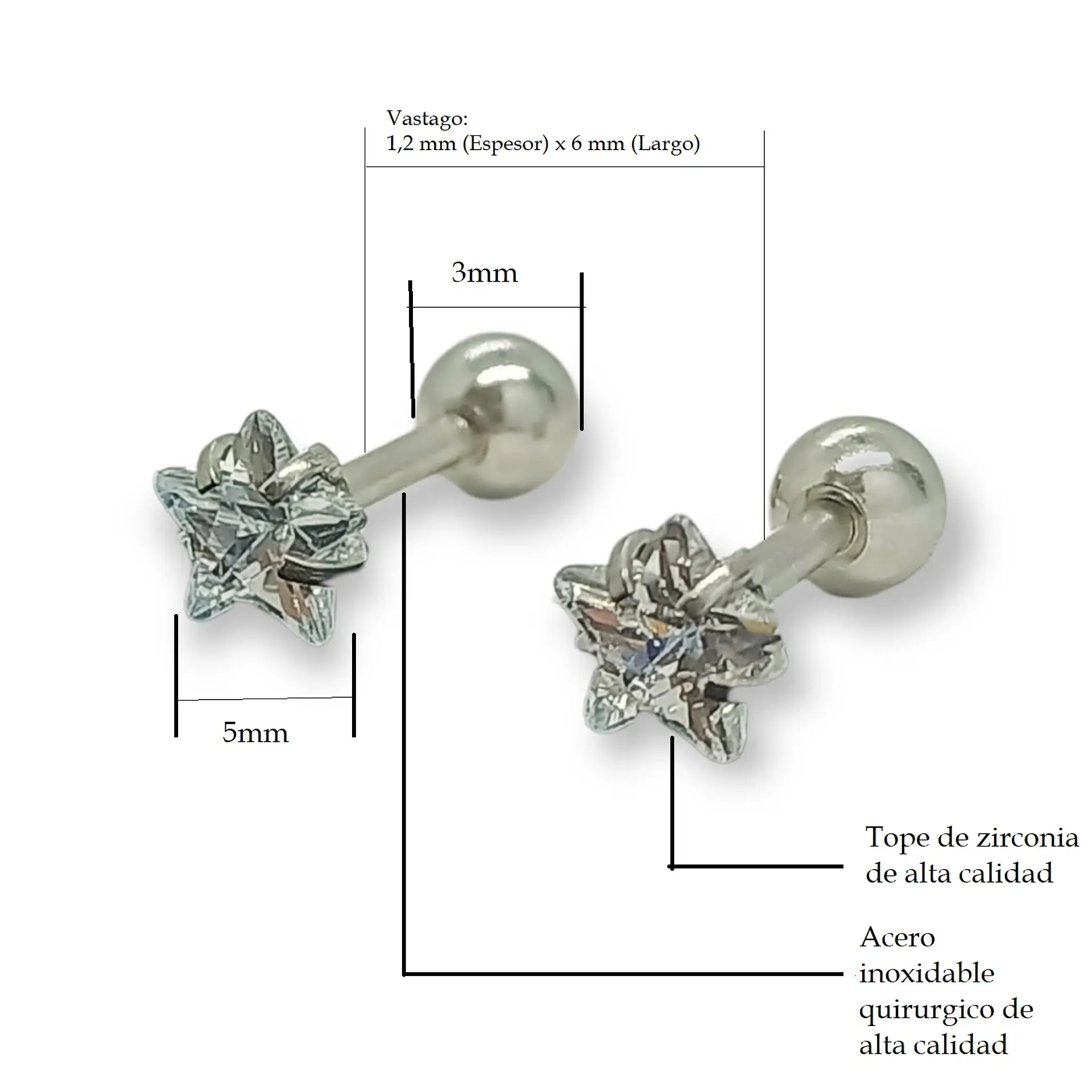 Aros puntos de luz Hipoalergénicos Distintas figuras Zirconia Blanco 5mm 20