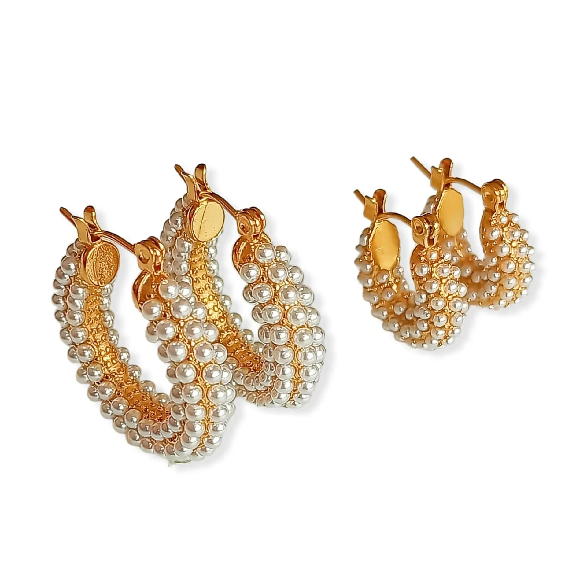 Aros Bote Perla Huggie Chapada En Oro 18k Pack Madre Hija 1
