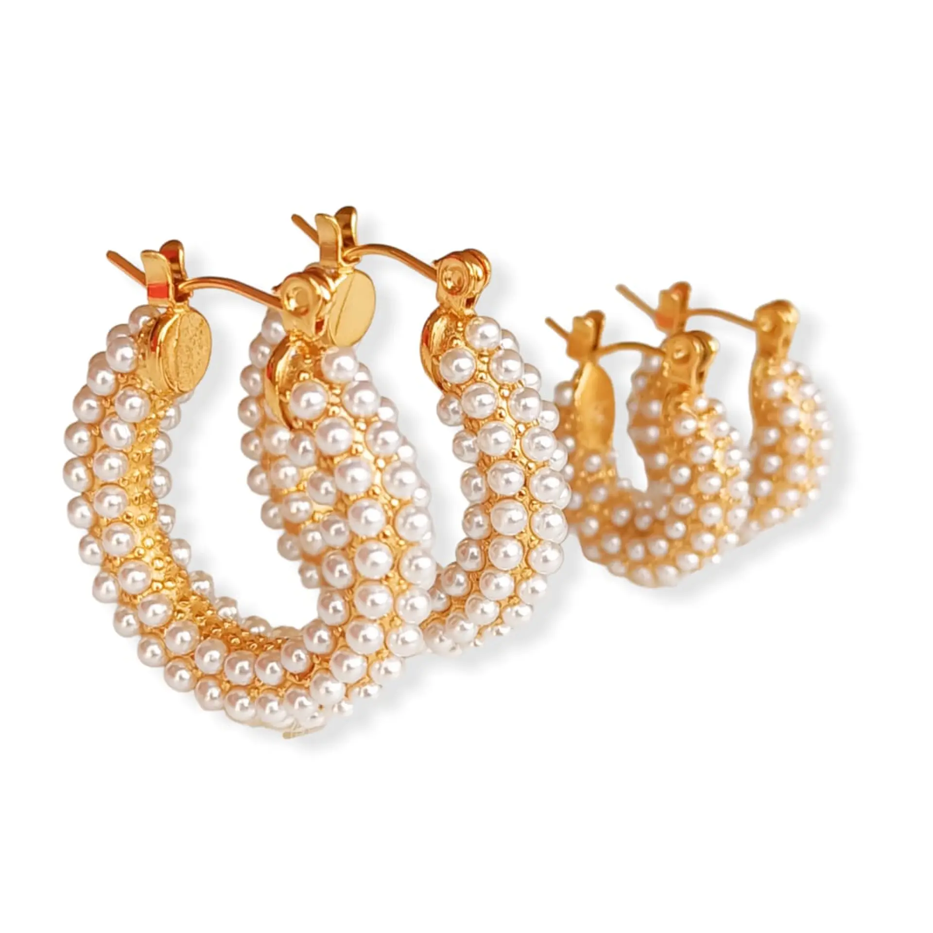 Aros Bote Perla Huggie Chapada En Oro 18k Pack Madre Hija 7