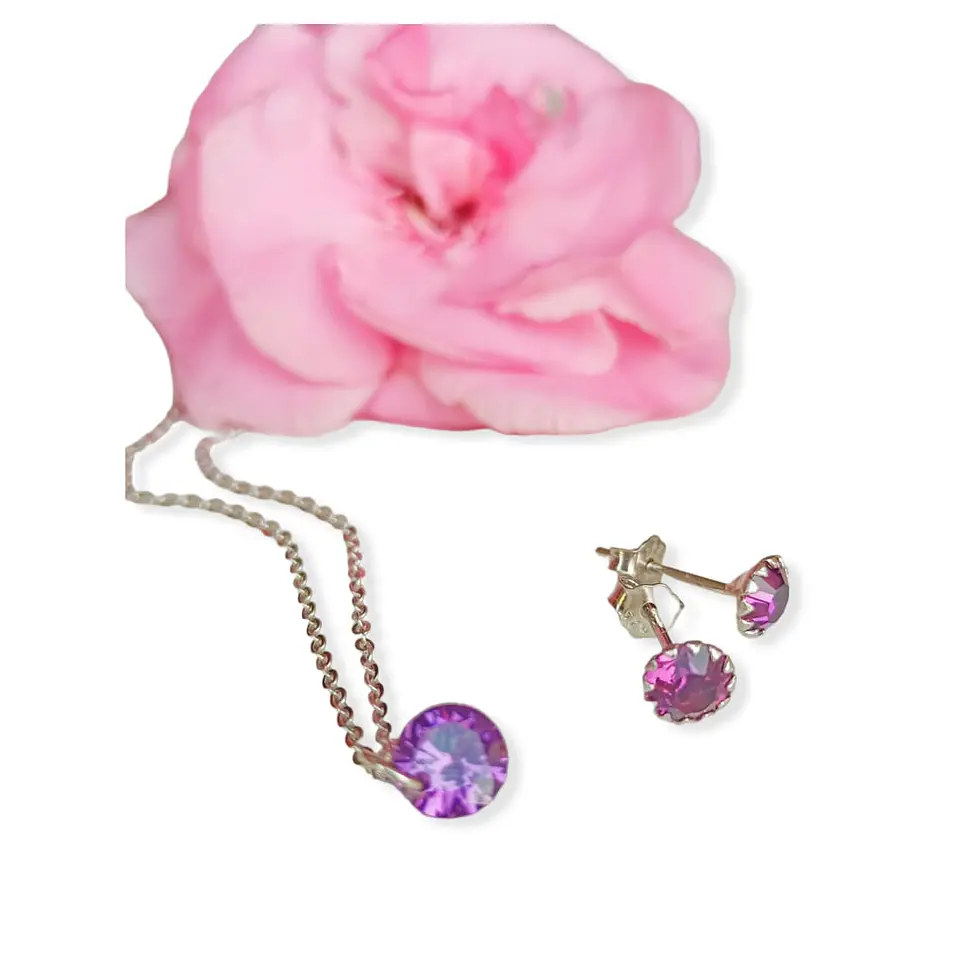 Set Conjunto Cadena Aros Plata Punto De Luz Zirconia Lila 4