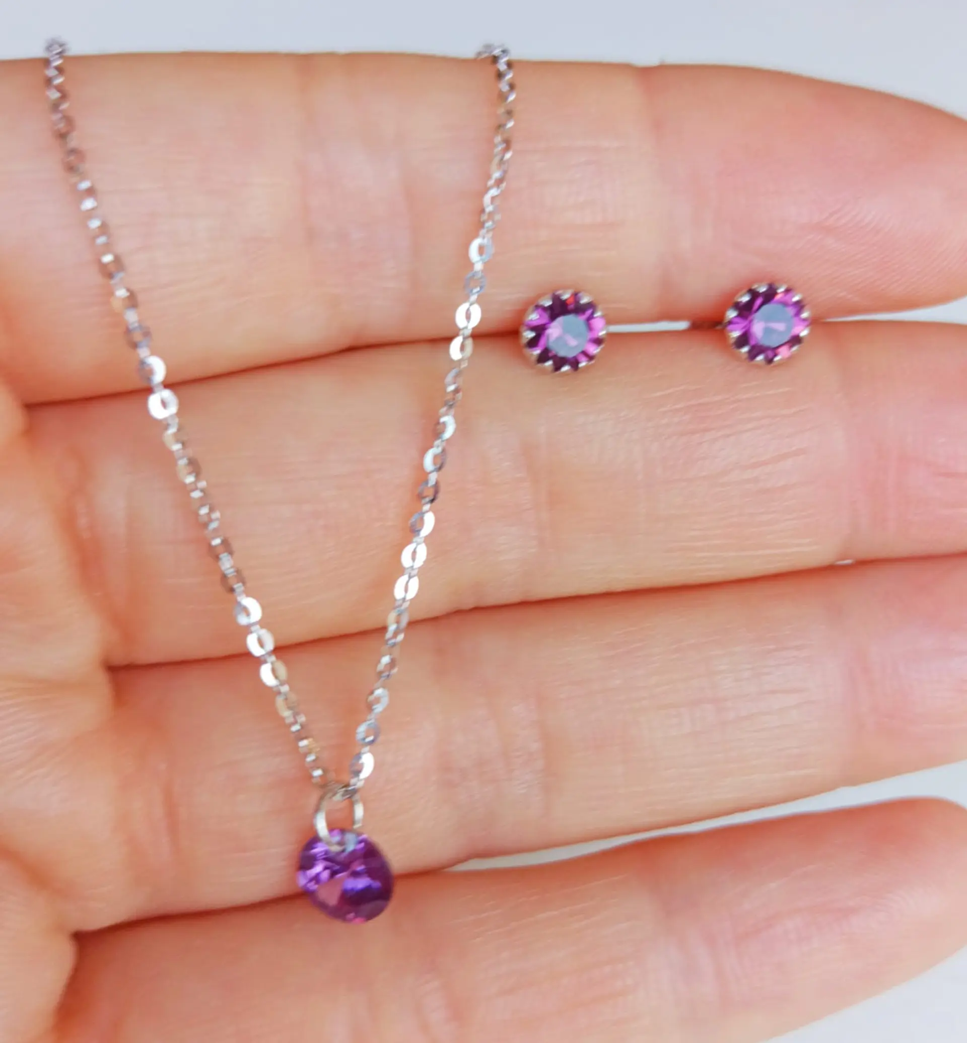 Set Conjunto Cadena Aros Plata Punto De Luz Zirconia Lila 5