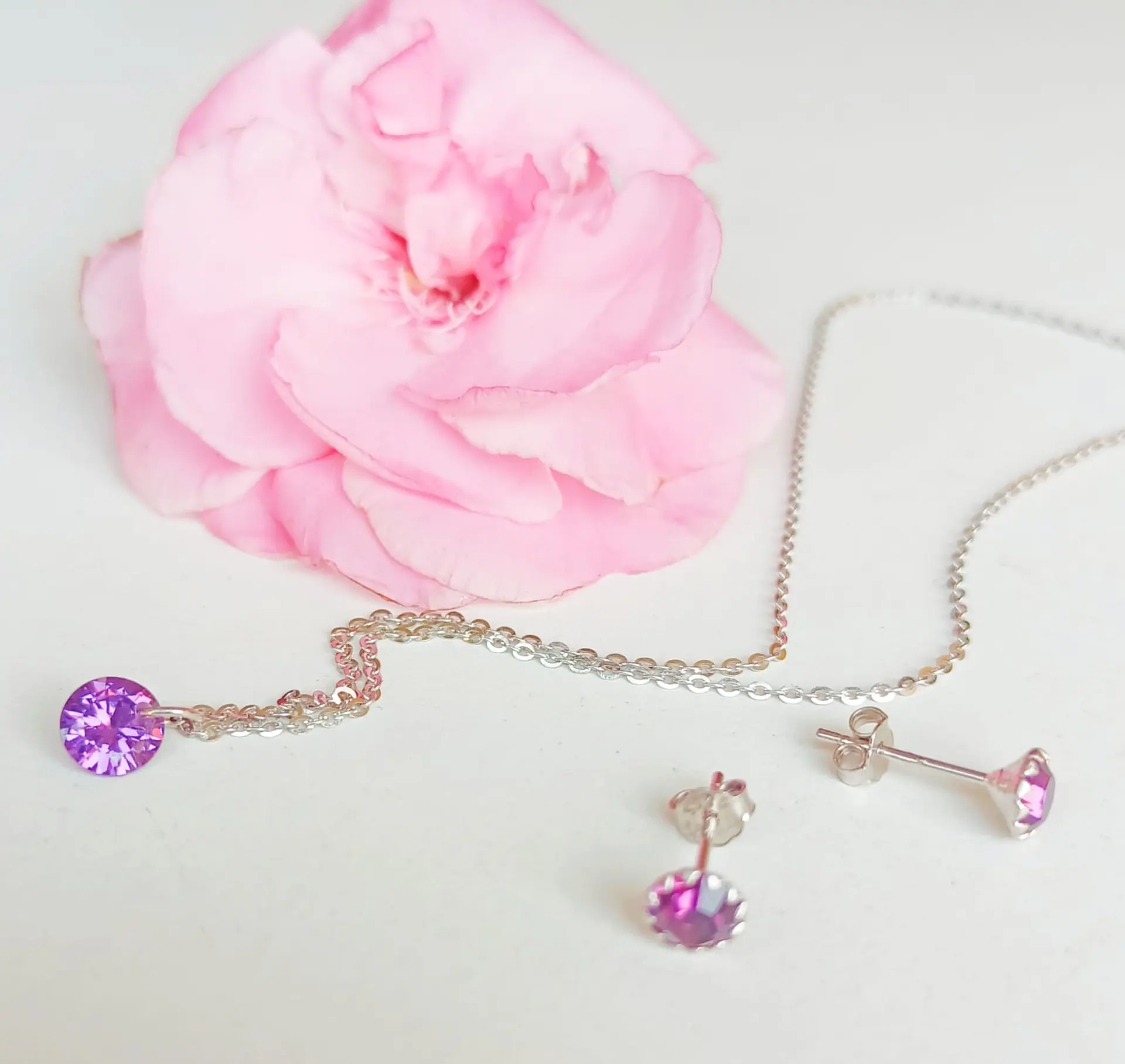 Set Conjunto Cadena Aros Plata Punto De Luz Zirconia Lila 6