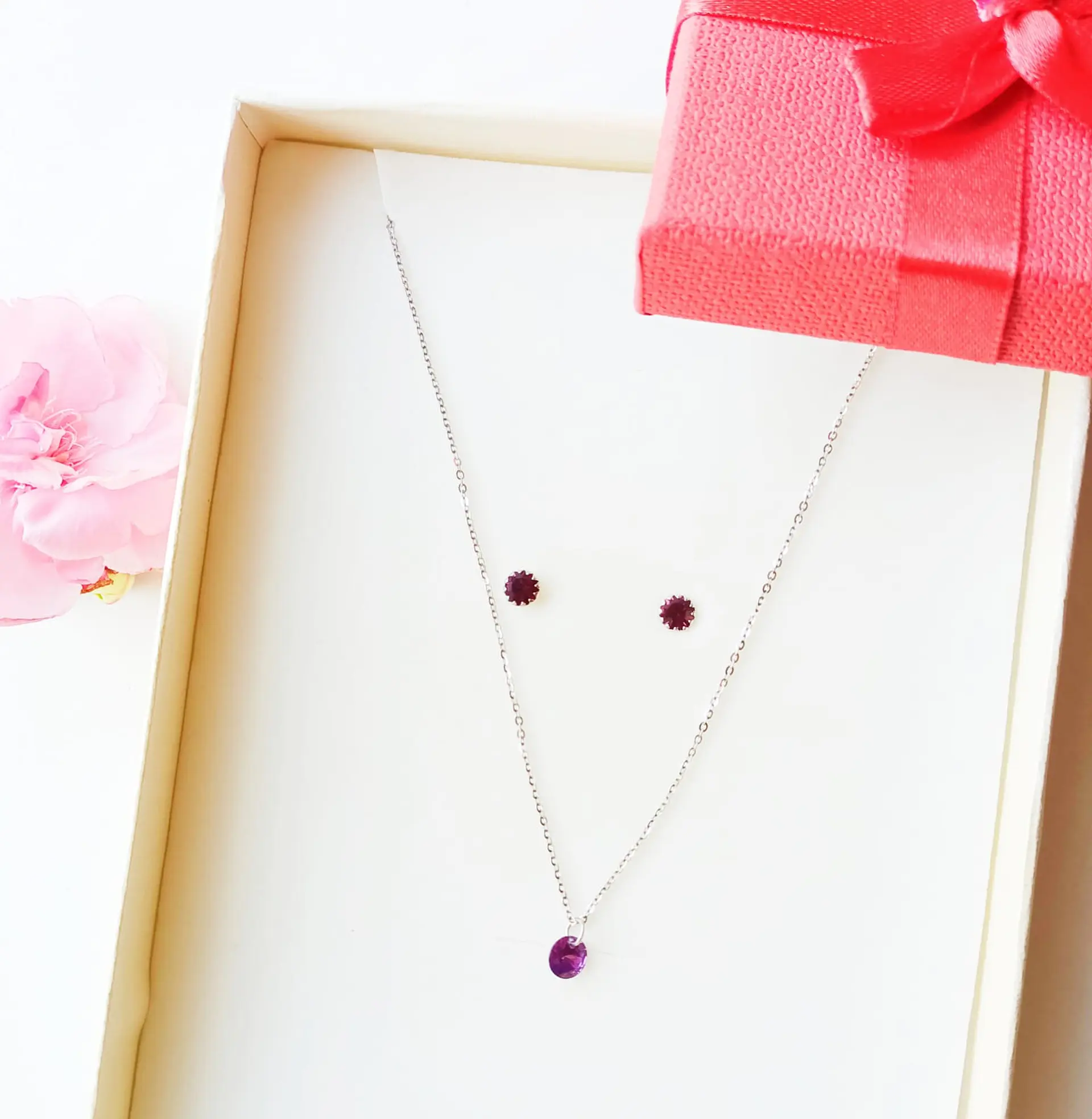 Set Conjunto Cadena Aros Plata Punto De Luz Zirconia Lila 2