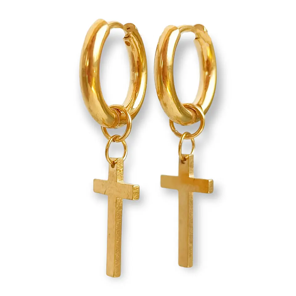 Argollas huggies Doble Uso Punk Cruz chapadas en oro 18kl 1