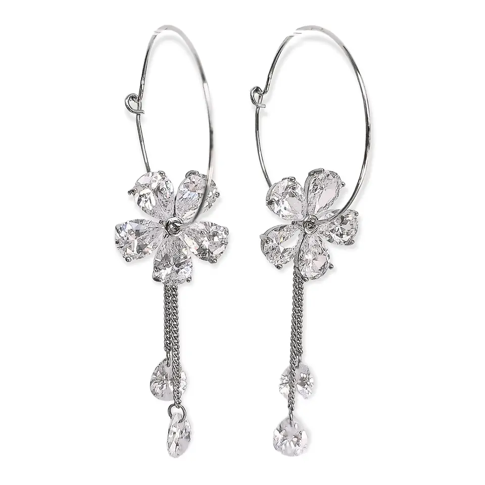 Argollas Largas Hoop Cristal Circonio enchapado en Oro Blanco 1