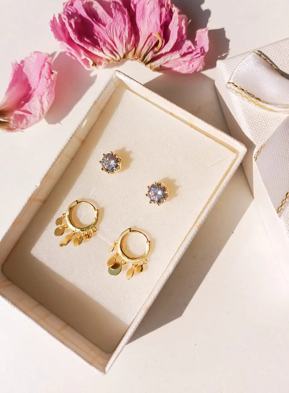 Pack Aros Punto De Luz Argollas Huggies Plata Bañado Oro 18k 2