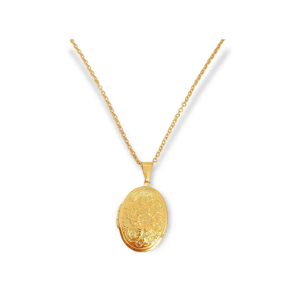Colgante Ovalo relieve Flores Relicario chapado en oro 18kl 1
