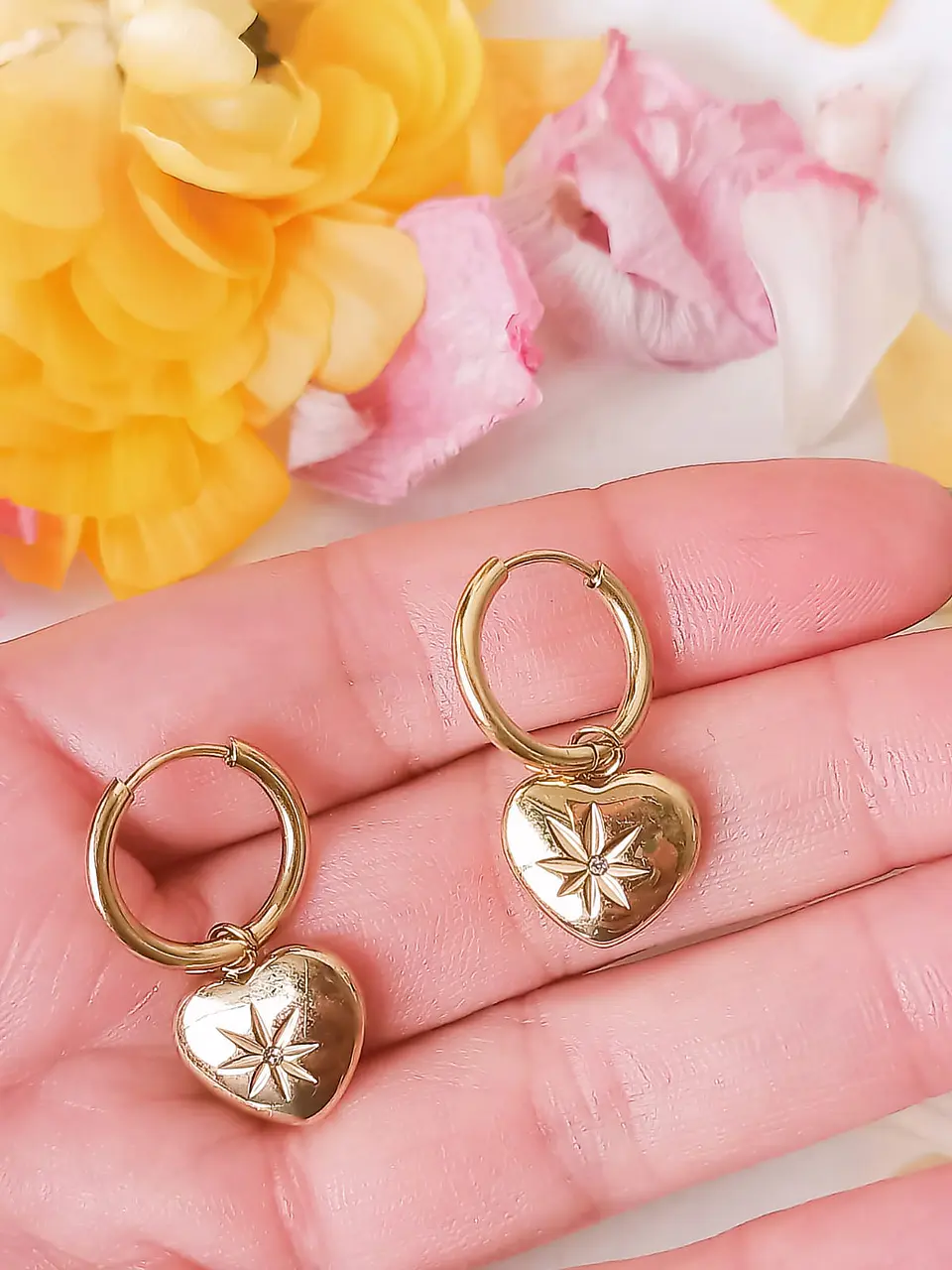 Argolla Huggies Corazón Estrella Zirconia Chapada En Oro 18k 4
