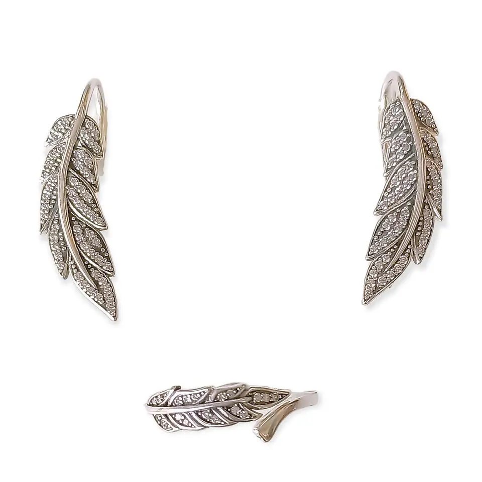 Set Aros Anillo Ajustable Alas Plata Fina 925 Zirconias Pave 1
