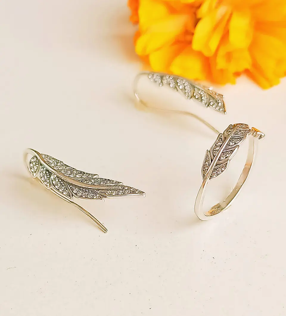 Set Aros Anillo Ajustable Alas Plata Fina 925 Zirconias Pave 4