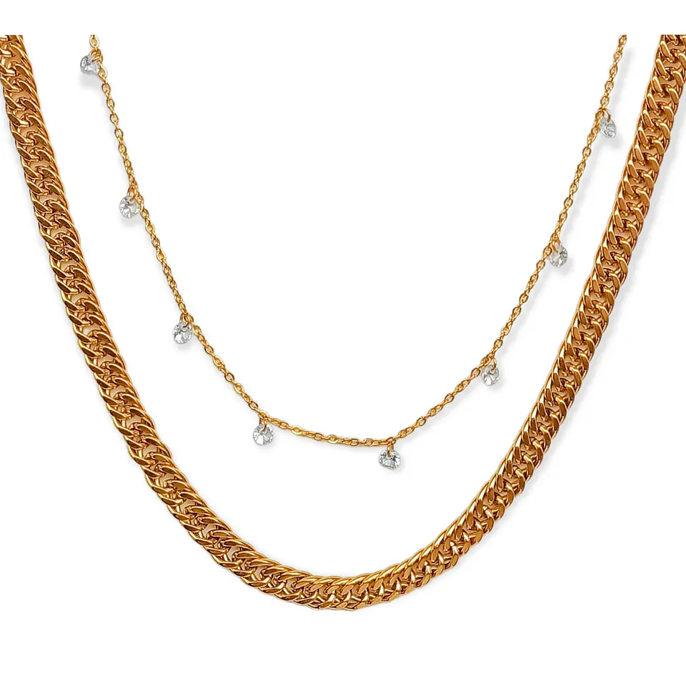 Conjunto Cadena Multicapa Eslabones Punto Luz Chapado En Oro 1