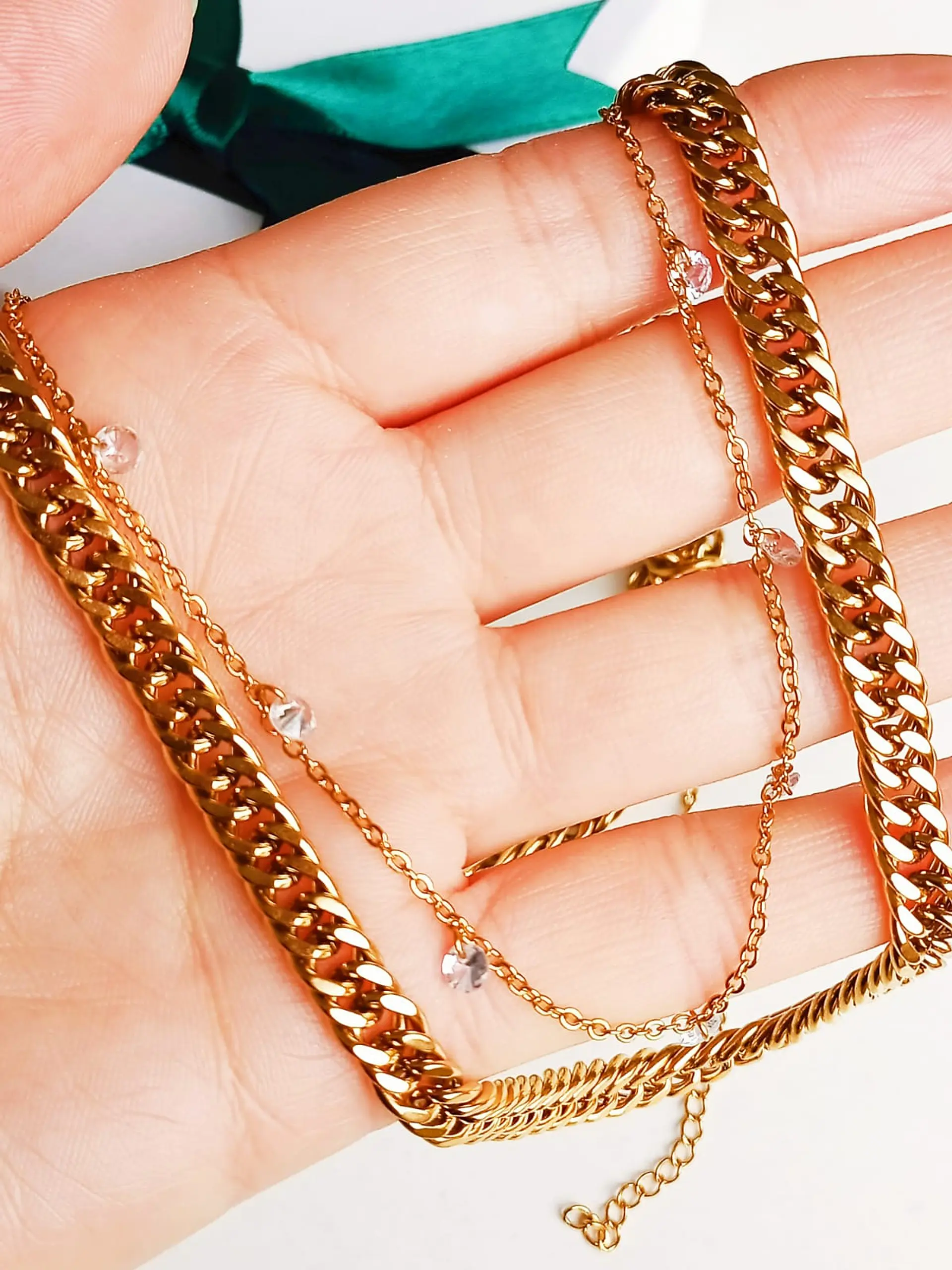 Conjunto Cadena Multicapa Eslabones Punto Luz Chapado En Oro 9