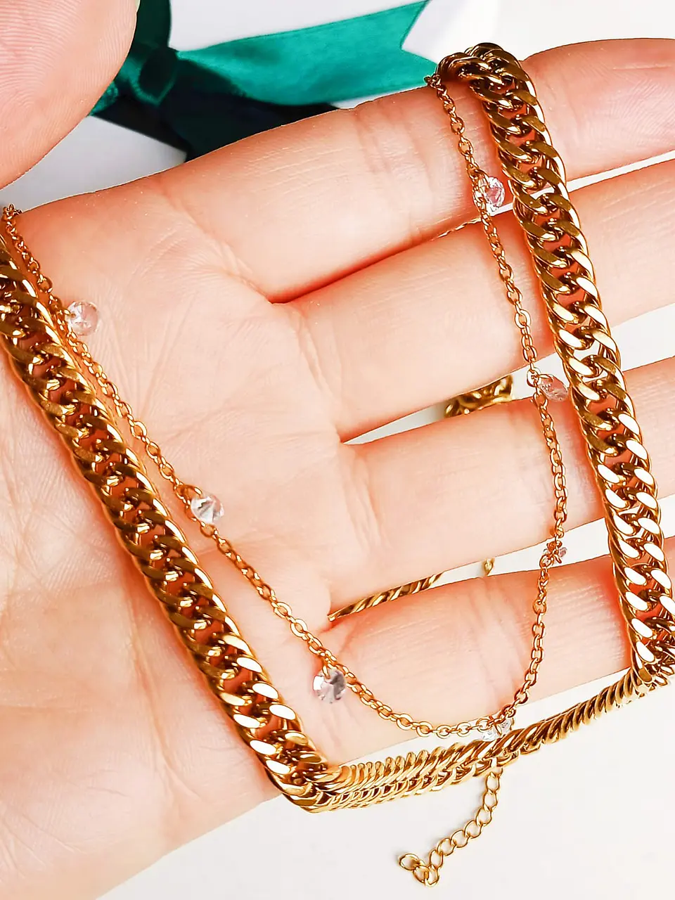 Conjunto Cadena Multicapa Eslabones Punto Luz Chapado En Oro 9