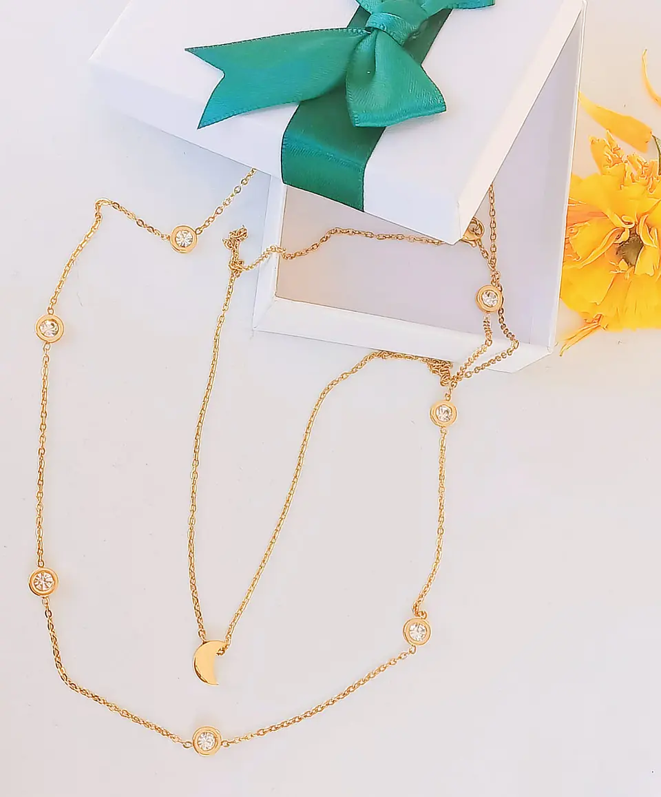 Conjunto Multicapa Colgante Largo Luna Chapado En Oro 18k 4