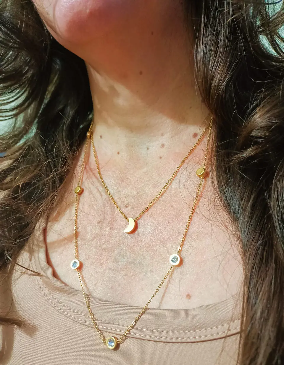 Conjunto Multicapa Colgante Largo Luna Chapado En Oro 18k 7