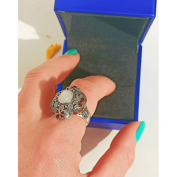 Anillo Ajustable Chapado En Plata 925 Calcedonia Joya Étnica 5