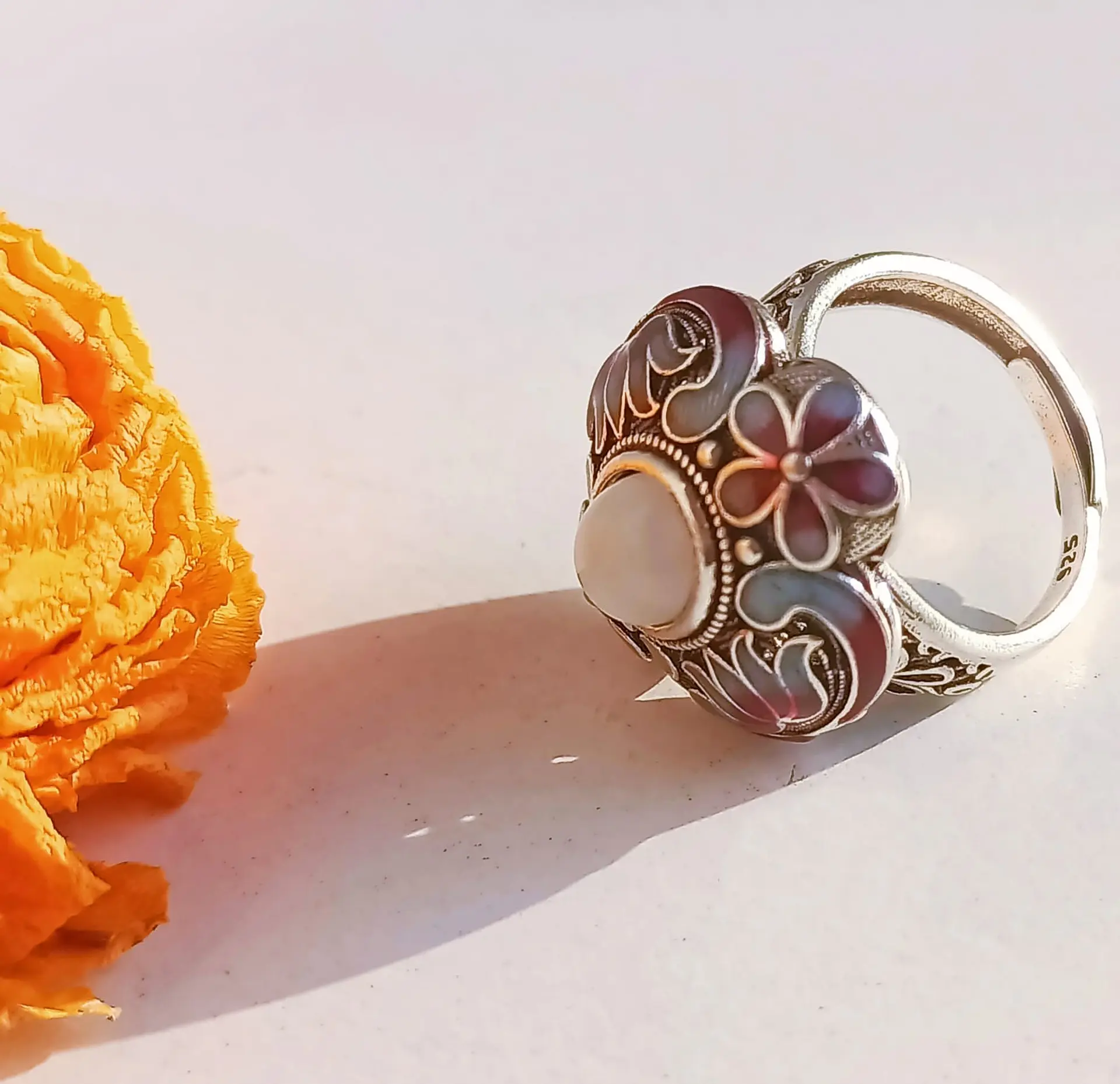 Anillo Ajustable Chapado En Plata 925 Calcedonia Joya Étnica 12