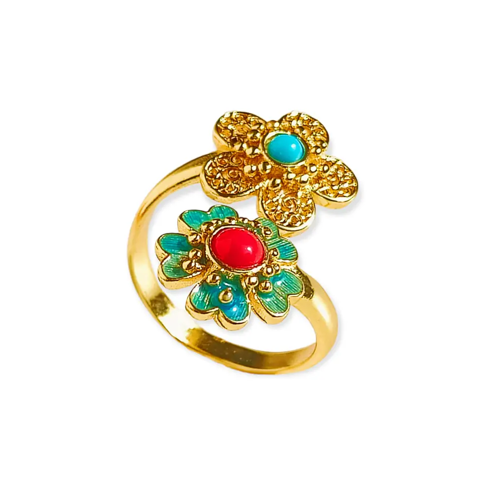 Anillo Ajustable Chapado En Oro 18k Turmalina Roja Vintage 1