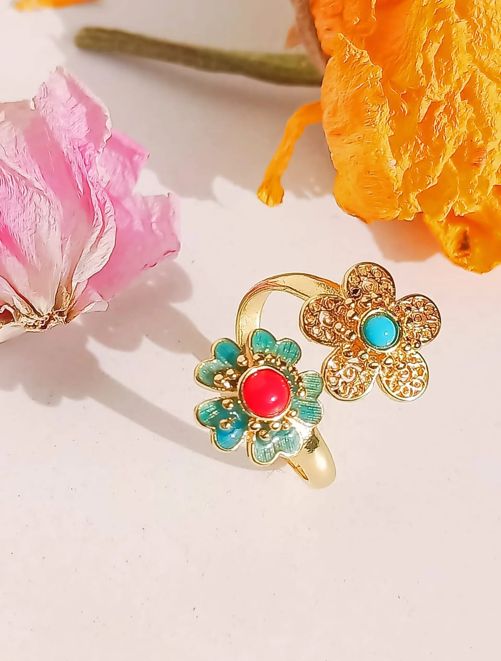 Anillo Ajustable Chapado En Oro 18k Turmalina Roja Vintage 4