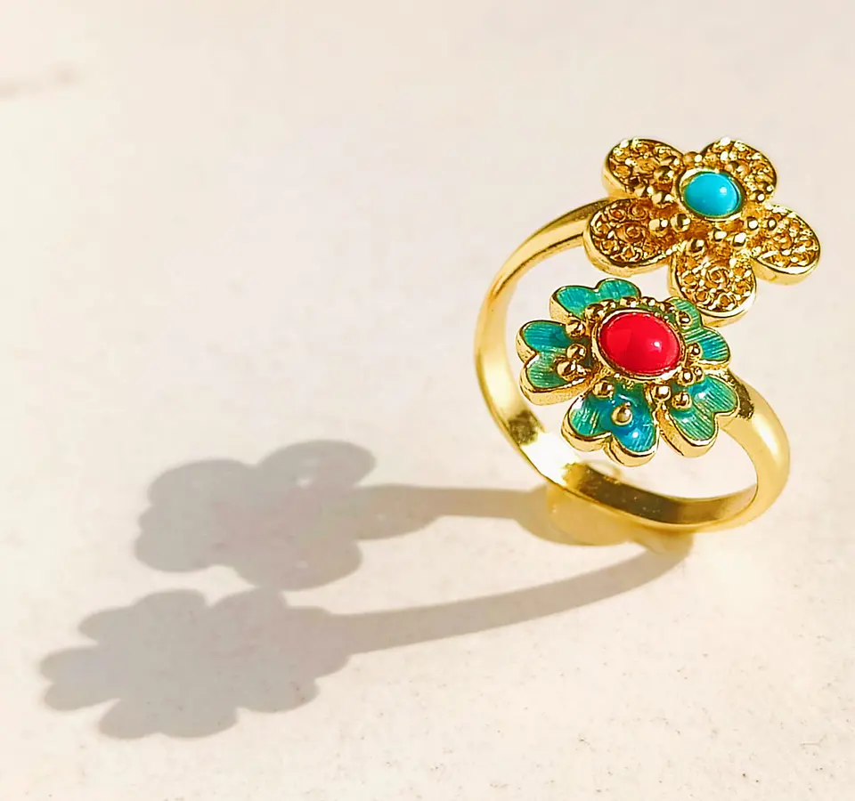 Anillo Ajustable Chapado En Oro 18k Turmalina Roja Vintage 7