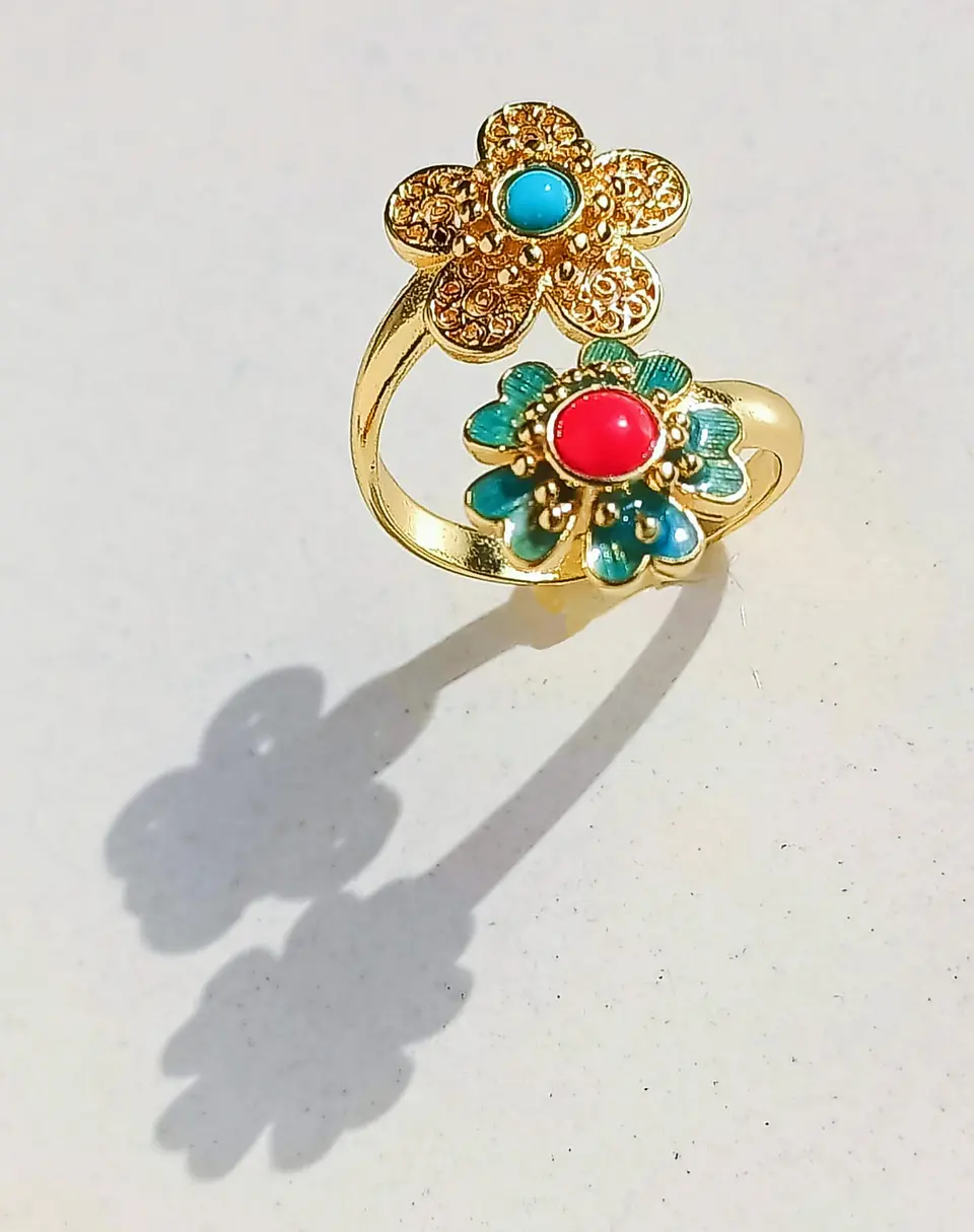 Anillo Ajustable Chapado En Oro 18k Turmalina Roja Vintage 6