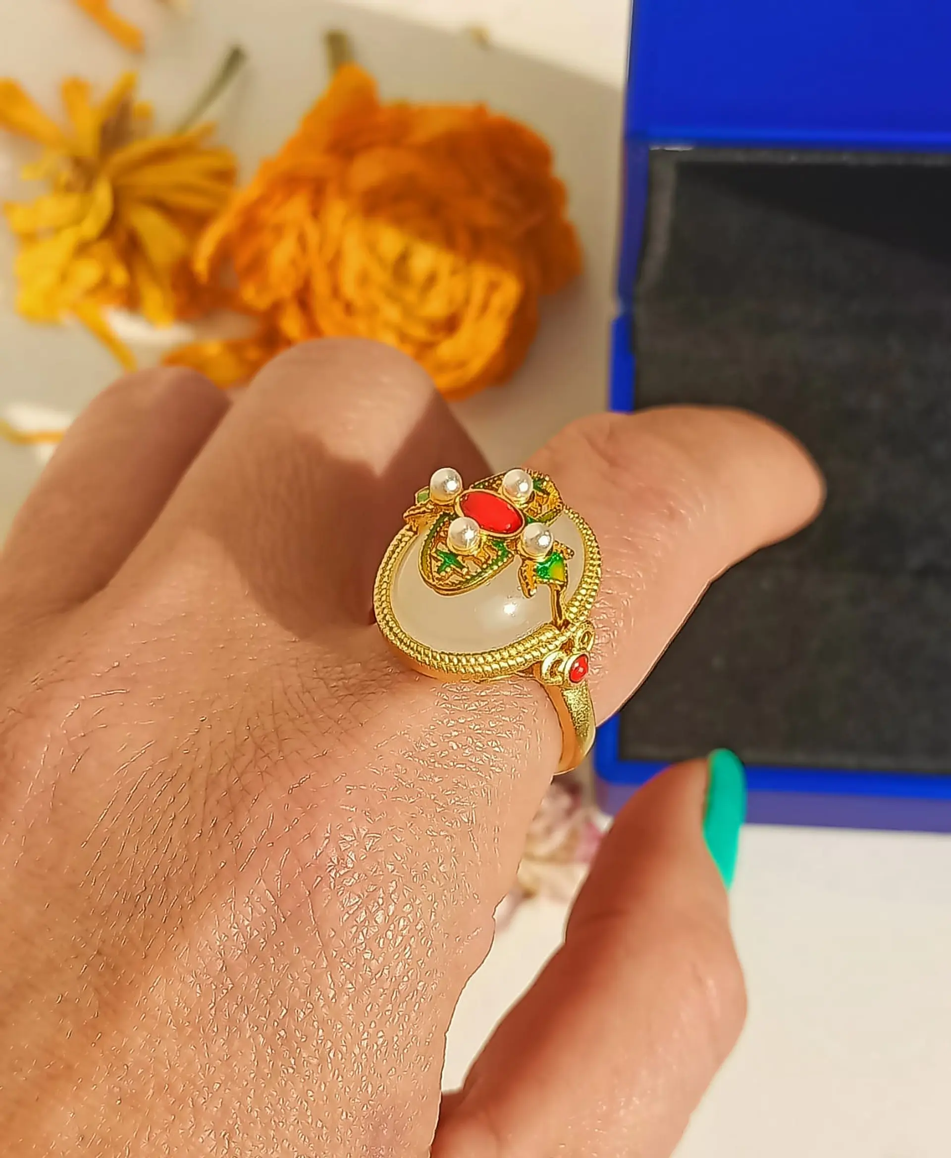 Anillo Ajustable Chapado En Oro 18k Turmalina Roja Jade 3