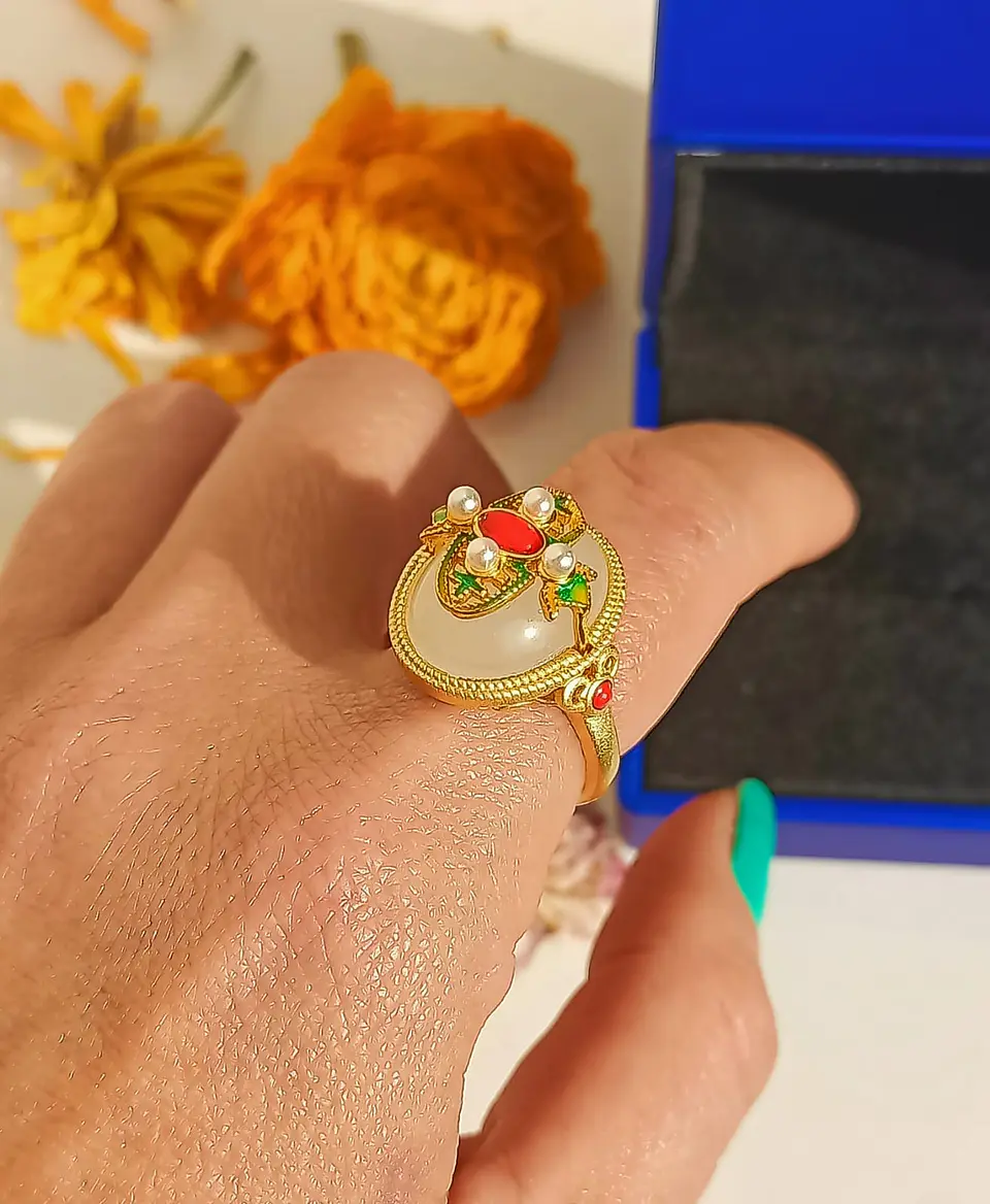 Anillo Ajustable Chapado En Oro 18k Turmalina Roja Jade 3