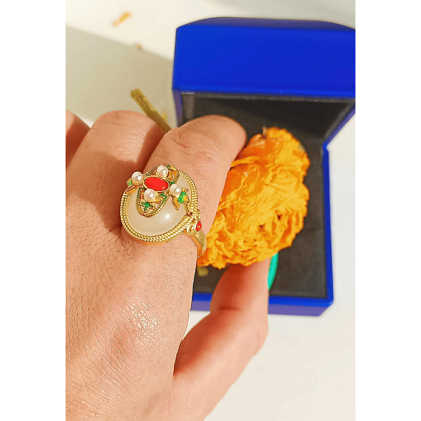 Anillo Ajustable Chapado En Oro 18k Turmalina Roja Jade 9